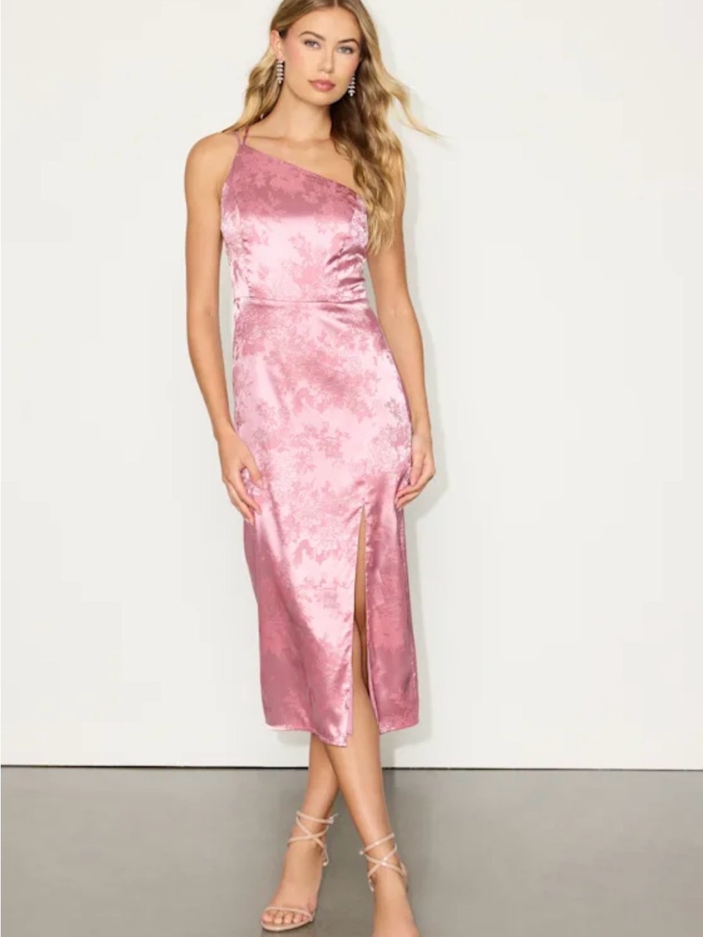 Lulu's One-Shoulder Satin Jacquard Midi Dress in Dusty Rose
